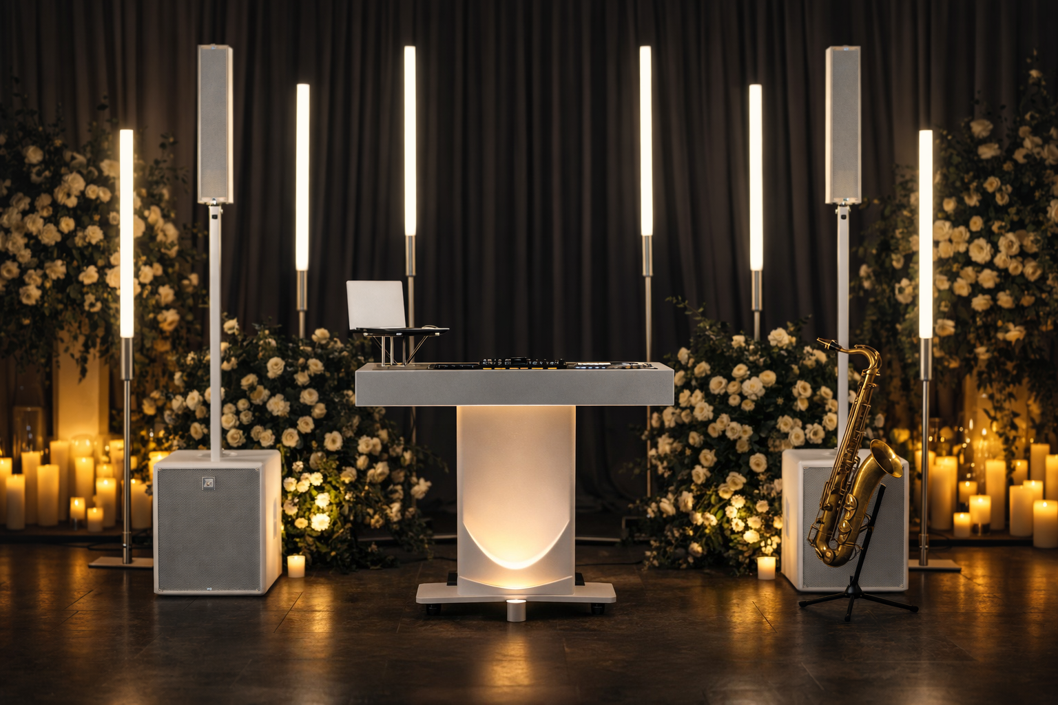 Knox Signature wedding setup with white command center, column speakers, and saxophone